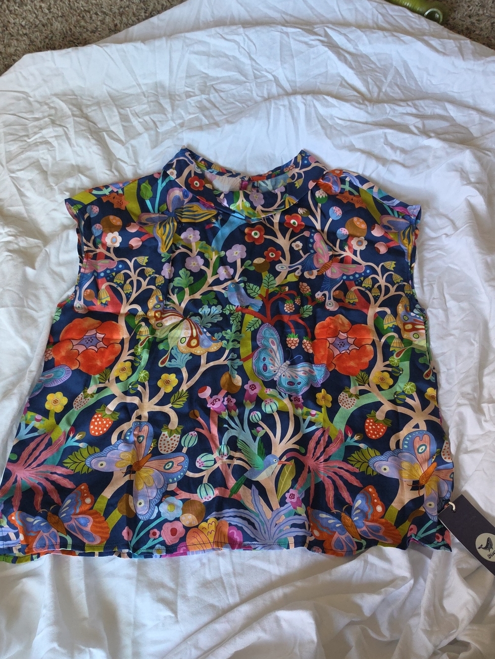 Navy Floral & Butterfly Cap-Sleeve Blouse